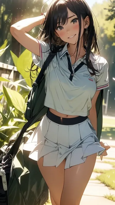 Highest quality, Tabletop,  High resolution, (Realistic:1.4), RAW Photos, beautiful少女1人 ,Female Golfer, skirt,Small Head,Large Breasts,Beautiful legs, Glowing Skin, Sweat,Smashing a golf ball,In the field of golf,(細部までbeautiful顔:1.4),Detailed Skin,Detailed...