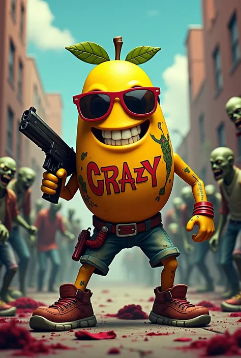 A mango with sunglasses and a half-snapped mouth smiling while fighting zombies with a gun. I got a tattoo that says Crazy Mango.