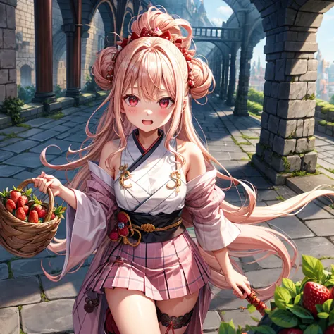 Pink Blonde、Red eyes、Wavy Hair、Hair tied up、Two cute、Checked mini skirt、kimono、Light clothing、Shoulders stick out、Black underwear、Black knee-high socks、Teeth are visible、Monster Castle、Tilting face、grass、In front of the city gates、Underground tunnels、Iron ...