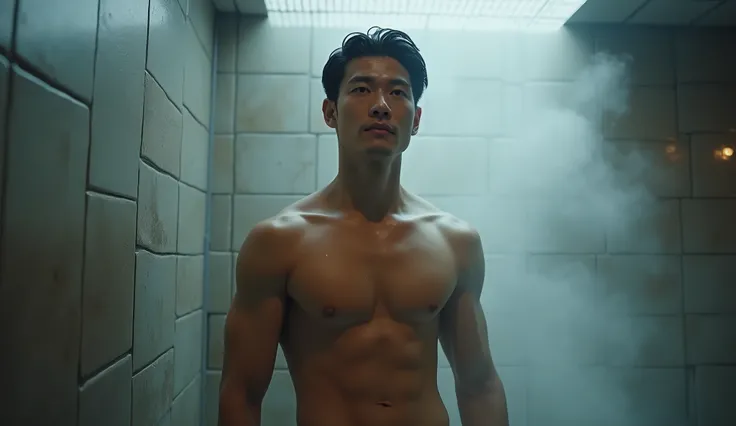 Handsome Asian man, naked, wearing underwear, in the bathroom, taking a shower.