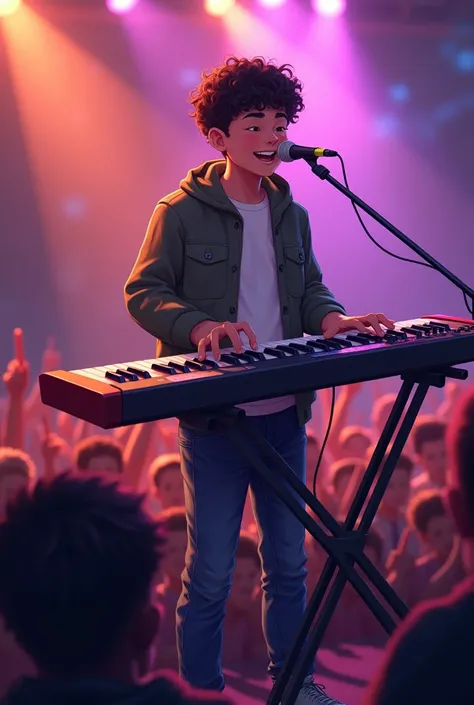 A teenager boy playing electric keyboard live performance with short curly hairs standing 