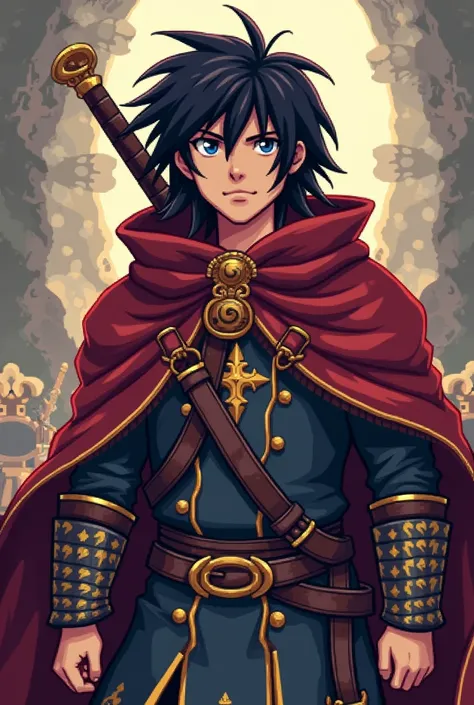 Create a pixel art image inspired by the hero of the game Dragon Quest VIII, to be used as a profile icon, with black hair, brunette skin, with sword on the back and battle background behind the character, pixel art pull, with royalty style clothing 