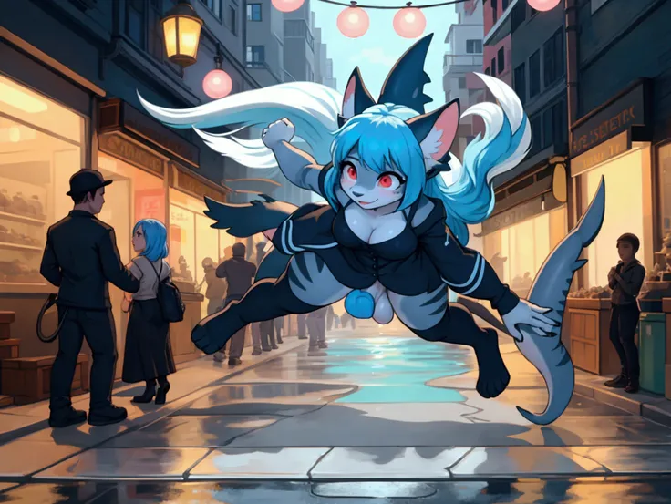 A futanari shark neko, a mythical creature with the upper body of a busty human female and the lower body of a shark, strutting confidently through a bustling city street. She has vibrant blue hair styled in twin tails, adorable neko ears atop her head, an...