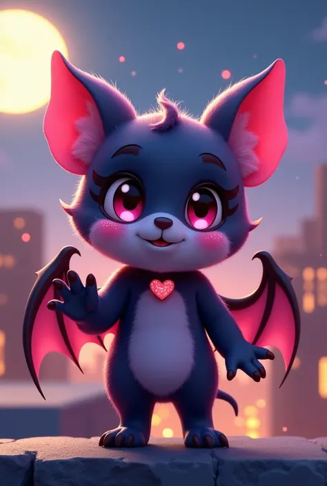 Cute bat Vtuber,figure,Adorable,Spread your wings,Kind eyes,I can see the fangs,Heart shaped nose,Blushing,Playful expressions,Expressive gestures,She wears a cute outfit with bat-themed accessories,Standing on a moonlit rooftop,Night cityscape in the back...