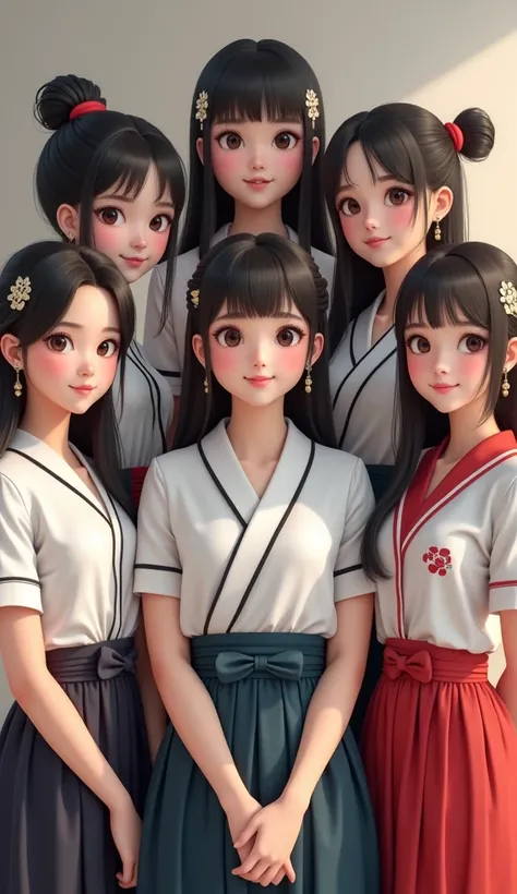 Five beautiful female students: the first Thai female student, age 18-19, wearing a Thai female student uniform; the second Lao female student, age 18-19, wearing a Lao female student uniform; the third Japanese female student, age 19-20, wearing a Japanes...