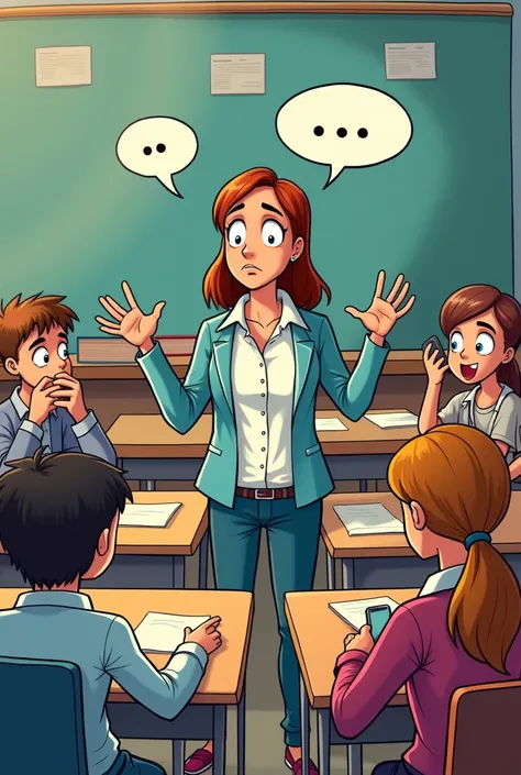 Create an image in the sense of a cartoon criticizing students&#39; negligence in listening to teachers and paying attention in class.
Show the teacher&#39;s sad face and the students all talking 