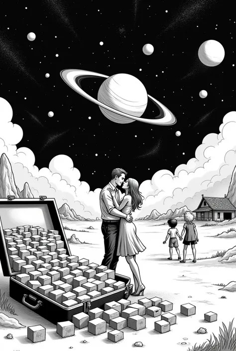 draw a comic art of a planet surface 
a man and a woman are kissing each other on the lips  
a very big suitcase is lying on the side that has 200 small rectangular boxes inside it  
there is night time with big stars and rings and clouds in the sky
kids a...