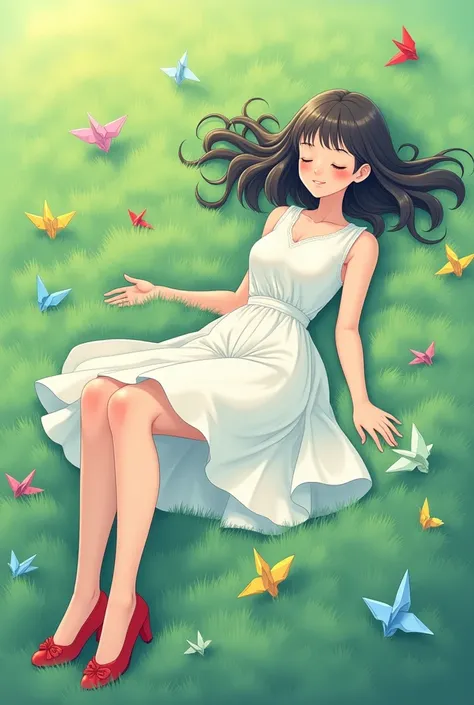 origami、Fluffy grass bed、、woman、Japanese、semi-long、White dress、Red Shoes、Lying in bed、anime