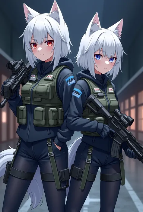 2 Wolf girl, holster, stocking, headset,red and blue eye, white hair, breast,anime, hoodie, military,vest, helmet, night vision device,twins,tail,teen