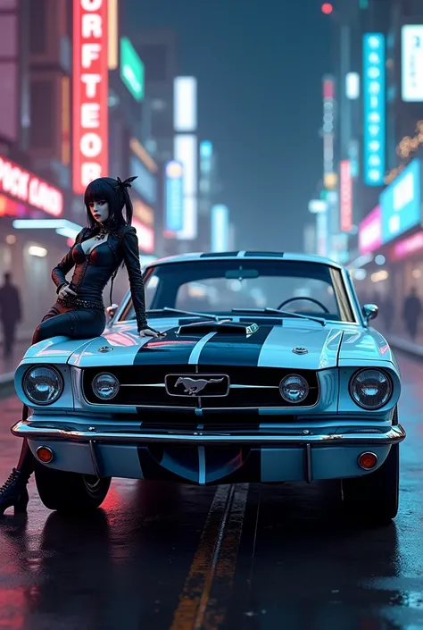 mustang de 1965 bleu et blan avec un tunigue retrofuturiste avec un fille danime qui sapuit dessu plustot gothique avec une tenu plus decortacterdans et un mec mecano gothiqueu qui sapuis de l autre coter dans une ville futuriste de nuits