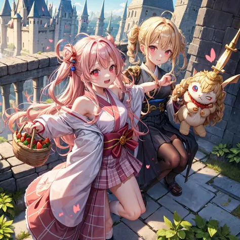 Pink Blonde、Red eyes、Wavy Hair、Hair tied up、Two cute、Checked mini skirt、kimono、Light clothing、Shoulders stick out、Black underwear、Black knee-high socks、Teeth are visible、Monster Castle、Tilting face、grass、In front of the city gates、Underground tunnels、Iron ...