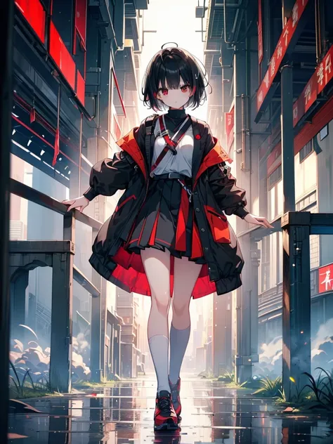 (masterpiece, highest quality, highest quality, (No text), Beautiful and aesthetic:1.2),No text,アニメ、BREAK,One Girl，Black Hair Girl　 adult　short hair　older sister　Beautiful eyes　Red eyes　cool　Black and Red　skirt　Black jacket　White clothing　Full Body Outdoor...