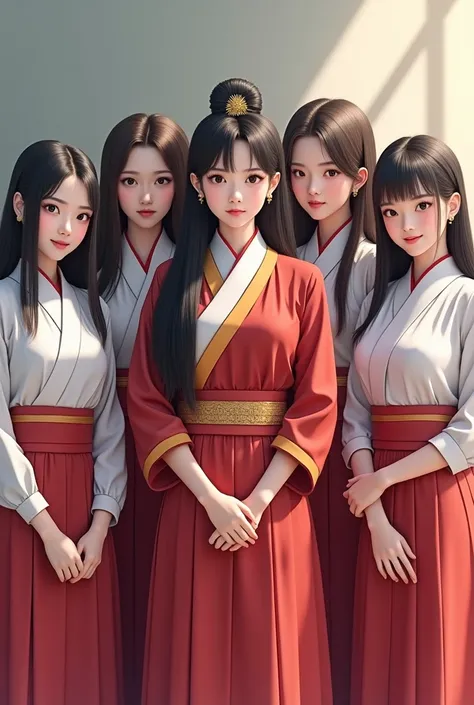 Five beautiful female students: the first Thai female student, age 18-19, wearing a Thai female student uniform; the second Lao female student, age 18-19, wearing a Lao female student uniform; the third Japanese female student, age 19-20, wearing a Japanes...