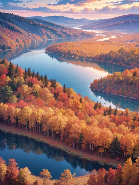 a beautiful autumn landscape,fall foliage,colorful trees,rolling hills,scenic countryside,dramatic sky,golden hour lighting,warm tones,serene lake,reflections on water,detailed textures,vibrant colors,stunning vista,picturesque scene,highly detailed,8k,mas...