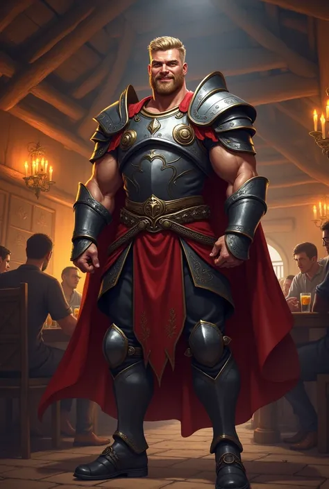 Strong and smiling warrior 3 dark red clothes light armor. It&#39;s in a simple medieval fantasy tavern. digital art.