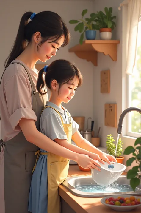 school girl elementary helping mom wash dishes