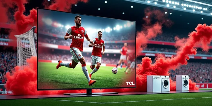 An energetic billboard showcasing Arsenal football players running on a stadium field with red smoke, integrated seamlessly with TCL home appliances like a large TV, washing machine, and refrigerator. The TV displays a football match, blending the action w...