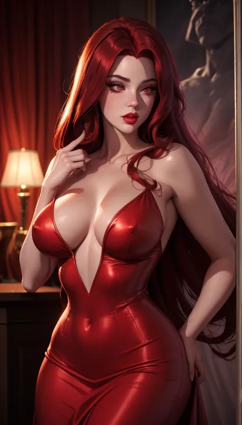 a fit Jessica Rabbit character, long red dress, detailed facial features, beautiful detailed eyes, beautiful detailed lips, extremely detailed eyes and face, long eyelashes, highly detailed, photorealistic, 8k, hyperrealistic, vibrant colors, dramatic ligh...