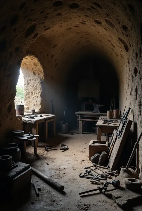 portrait cave with blacksmith tools without person