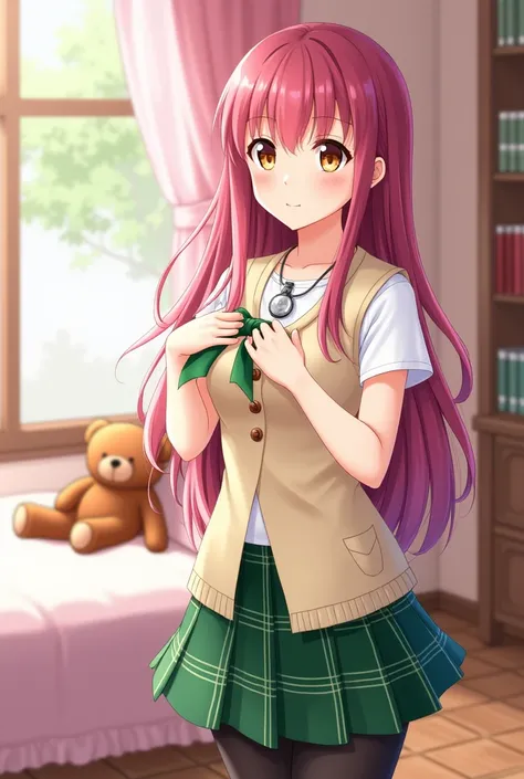 A 1 anime style woman, walking around his room, Pink House, wooden floor, a teddy bear in his tidy bed, a shelf with books, at daytime (entire plane), mide 174 CM, Its measurements are B 65, At 35, H 90, She has long, wet fuchsia hair, long bangs, His eyes...