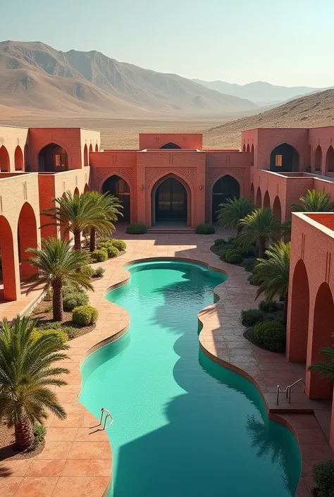 The design of a tourist resort with a modernized Iranian architectural style in a cold and dry climate on topography with a landscape with red and turquoise brick materials with a swimming pool and a parametric view