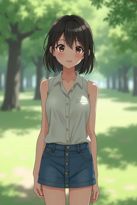 A  beautiful 8yo japanese girl with sleeveless buttoned shirt and  mini skirt in a park. She is making a funny face with her tongue sticking out. Skinny fit body. Developed breasts. Deep cleavage.