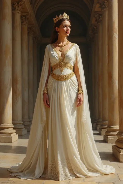 An oil painting of a queen from greece in full whit dress
