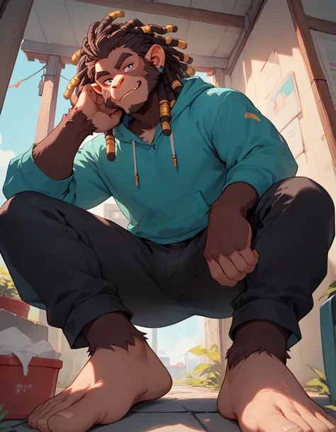 furry, male, monkey, dreadlocks  hair, doing parkour, barefoot, sole visible, foot focus, low angle view