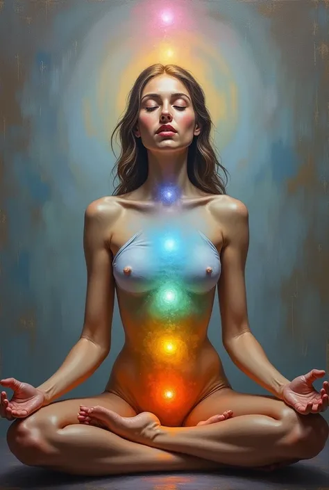 Oil painting a meditation girl and the 7 chakras