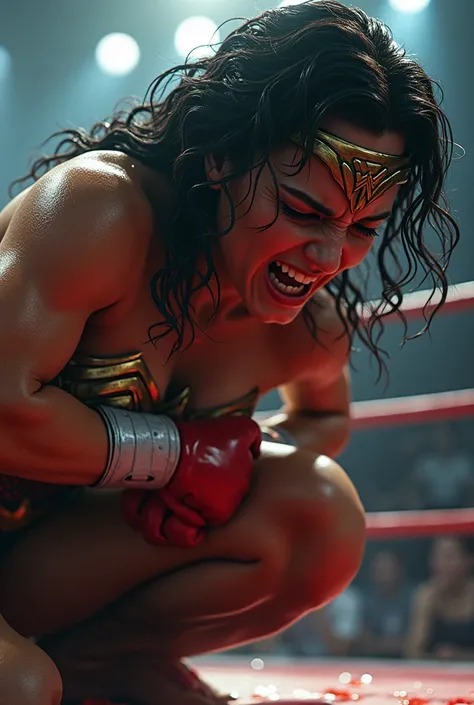 Wonder Woman in the middle of vomiting in the boxing ring. Her body is bent forward slightly, muscles tensed and glistening with sweat under the bright lights. Her face is twisted in a mix of pain and reflex. Her mouth is open wide, with a lot of saliva co...