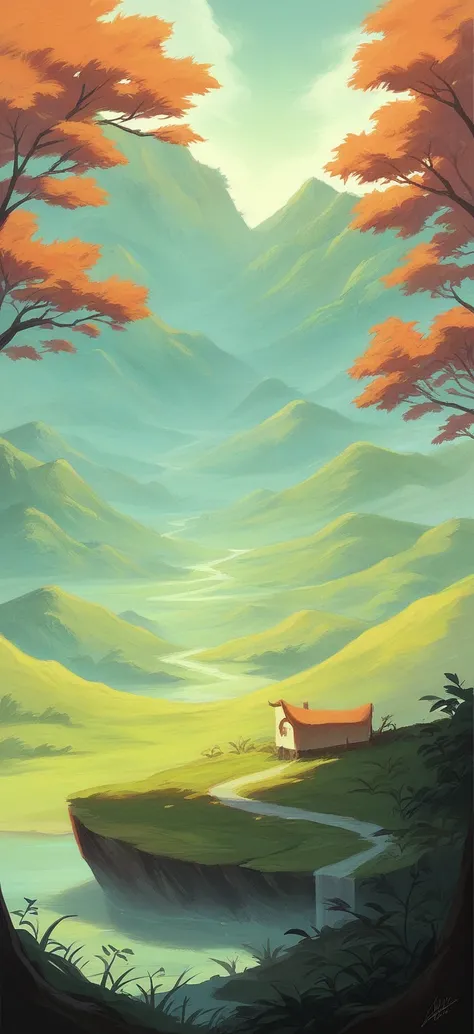 Create an oil painting-style wallpaper featuring a landscape inspired by Studio Ghibli films. The scene should capture the enchanting and whimsical essence characteristic of Ghibli’s artistry. Include elements such as lush, rolling hills, a serene and magi...