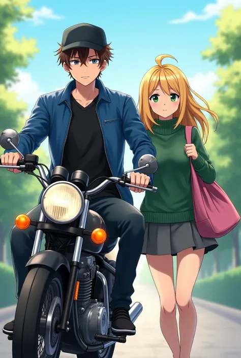 Anime guy on bike, blue leather jacket, black t-shirt, black jeans,  brown hair, black cap, blond green eyes girl, green sweater, gray skirt, pink bag, walking side to side at morning