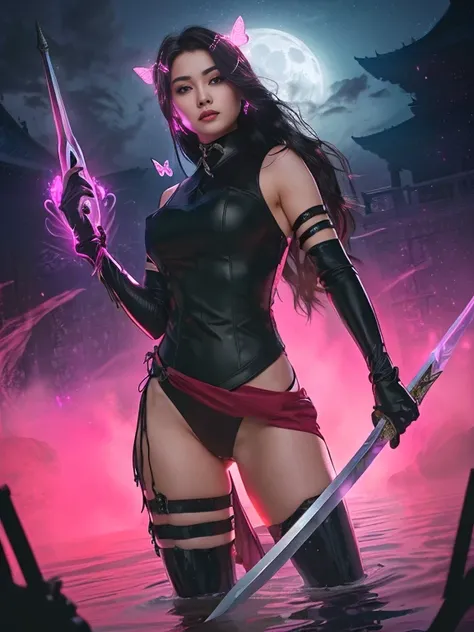 mysterious and powerful, the character is standing confidently in the water, illuminated by a full moon background. She has a lot of time, flowing black hair and wears an elegant outfit, tight black outfit accented by a blood red sash. Your posture is stro...