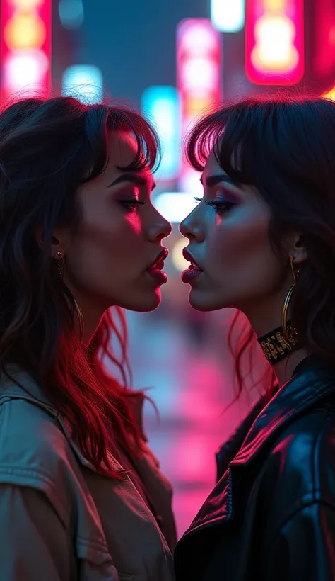 a beatbox battle between 2 beautiful women, detailed facial features, detailed skin, detailed clothing, dynamic poses, intense expressions, urban city background, neon lights, cinematic lighting, vibrant colors, high contrast, gritty, street art style, hyp...