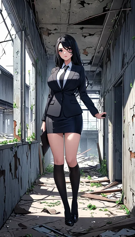 Highest quality、One woman, age 26、Policewoman、Black Hair、Long Hair、Hanging eyes、Dark Eyes、Black clothing、Big Breasts、suit、Pencil Skirt、Over the knee socks、stand、Inside an abandoned building