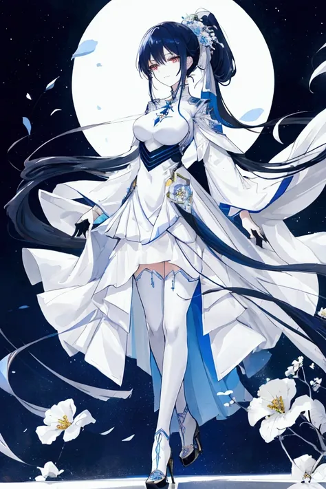 High heel，fullbody,Woman, long dark blue hair gathered in a low ponytail, pale eyes, white combat dress with silver details and flowers, modernity, calm smile, full length