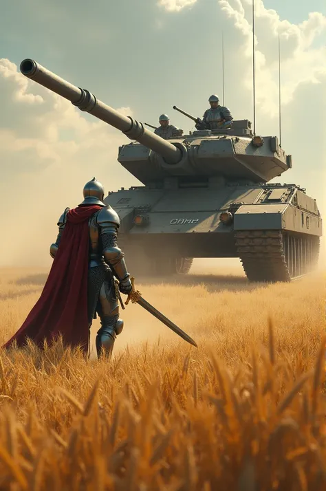 A knight fighting Tiger tank in a wheat fields