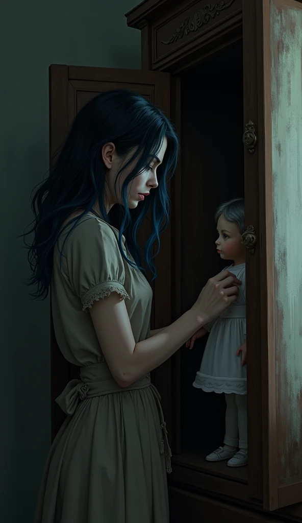 Cut to Olivia, now adult, with blue hair highlights, placing the doll inside the wardrobe with a disturbed look.