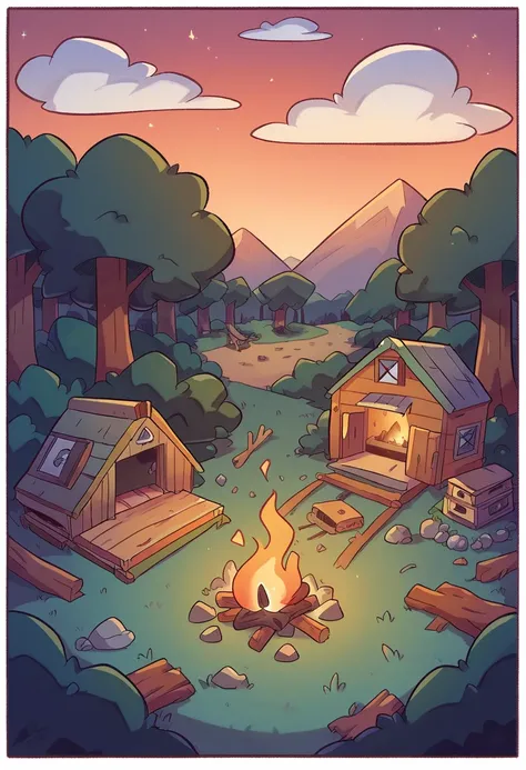 Landscape, cabin woods, camp, campfire, 