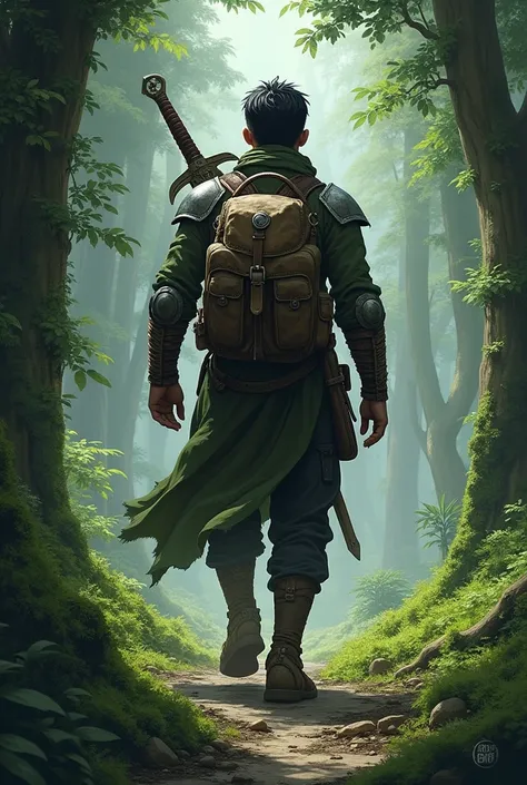 Create an illustration of a 171cm white adventurer with short black hair with a backpack, a bastard sword on his back and a metal pauldron on both shoulders coming out of a dense forest