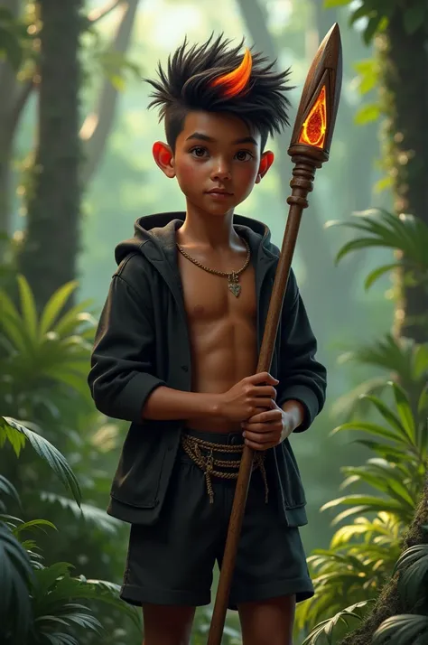 photorealism:1.2), boy, young, brown skin, black hair, fiery hair, open jacket, black color, black shorts, with indigenous staff in hand, in the forest 