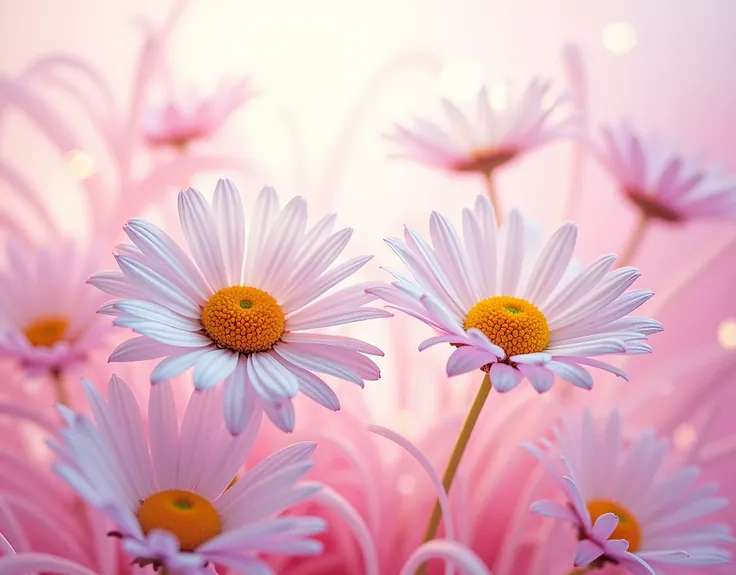 flower, a few Transvaal Daisy, dew-drop ,in the style of light white and light pink, dreamy and romantic compositions, pale pink, ethereal foliage, playful arrangements,fantasy, high contrast, ink strokes, explosions, over exposure, purple and red tone imp...