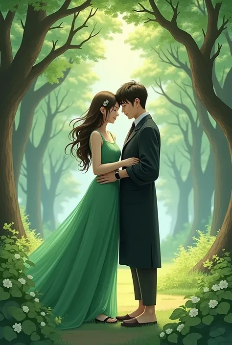 Two couples girl in green colour dresss a boy in black colour dresss With lot of trees