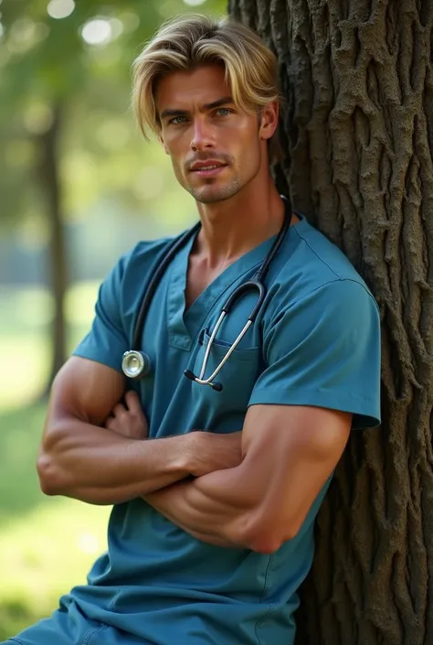 

"Create an image of a stunningly handsome young American man with blonde hair parted in the middle and striking blue eyes, reminiscent of a deep pool. He has a muscular physique and is dressed in a well-fitted veterinarian uniform. The man is leaning aga...