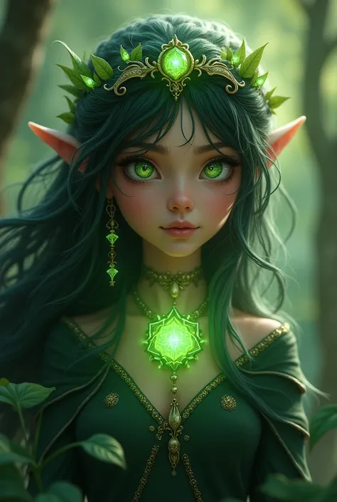 Seraphina was known for her wisdom and her ability to communicate with the forest’s creatures. Her deep, emerald-green eyes seemed to see through time, and her calm demeanor brought comfort to all who sought her guidance. She wore a delicate, glowing colla...