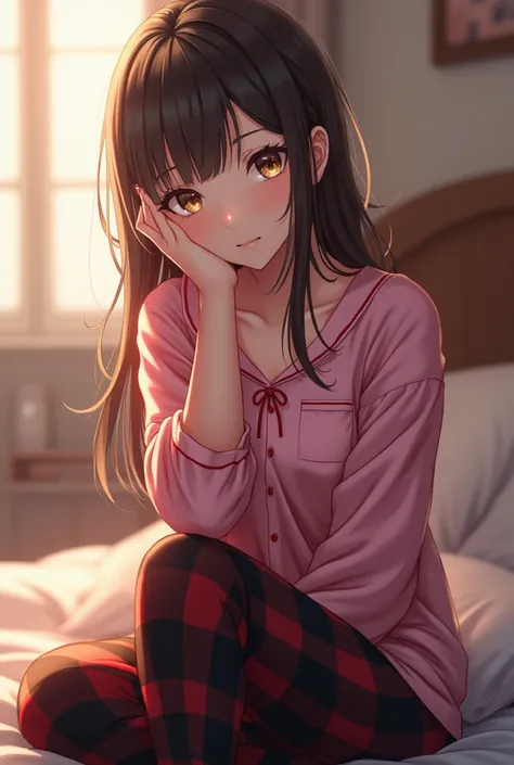 Sexy girl wearing black and dark red plaid soft comfortable pajama pants and a pink shirt, anime