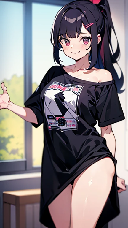 High tail hairstyle, one Ponytail hairstyle, Ponytail hairstyle,white hair, Long wavy black hair, standing posando, anime girl style, pixel art anime style,penetrating look with deep eyes,red and purple eyes, hair with a ponytail hairstyle trapped with a b...