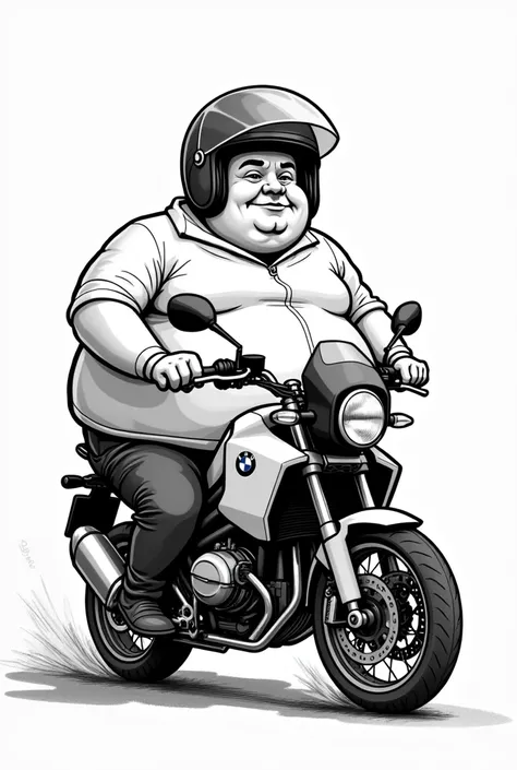 Fat man wearing motorcycle helmet bmw r1200 adventure black and white cartoon illustration