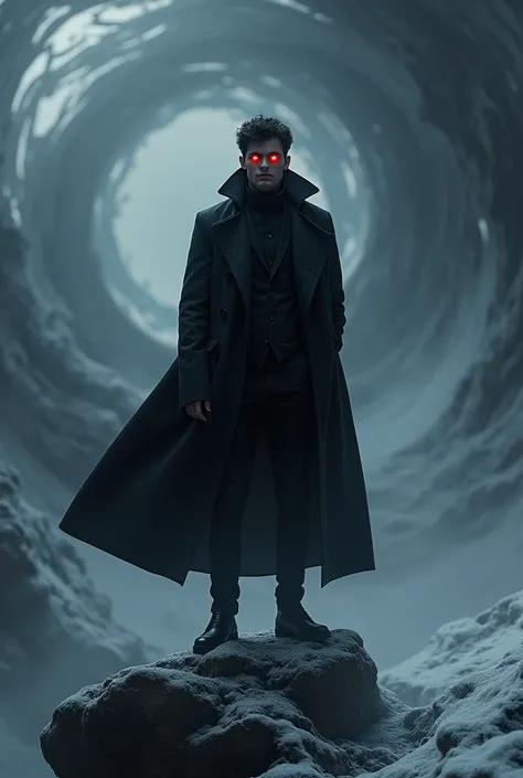 A young man that he wear a black coat and suit, his eyes are glowing red and black snow surrounded him,he stand on a rock and looking at me
