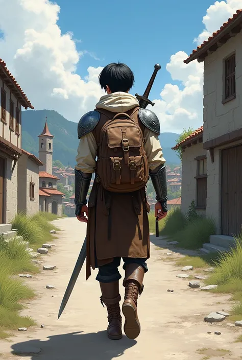 Create an illustration of a 171cm white adventurer with short black hair with a backpack, a bastard sword on the back and a metal pauldron on both shoulders on a plain walking on a road near a medieval town